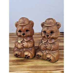 Set of 2 - Large Teddy Salt Pepper‎ Shakers 1960s Felted Bottom Bear In Hat 5"